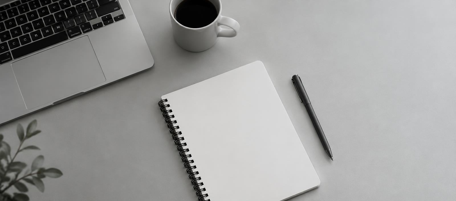 Desk with notebook and coffee